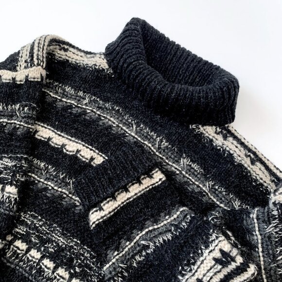 Vintage Sweaters - Vintage Giordano Wool Sweater Cowl Neck Striped Black White Fisherman Nordic